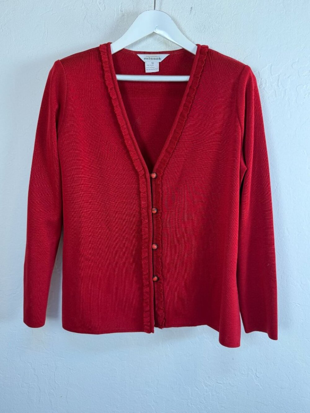 Exclusively Misook Womens Red Ruffle Trim Button Up Cardigan V-Neck Knit Medium